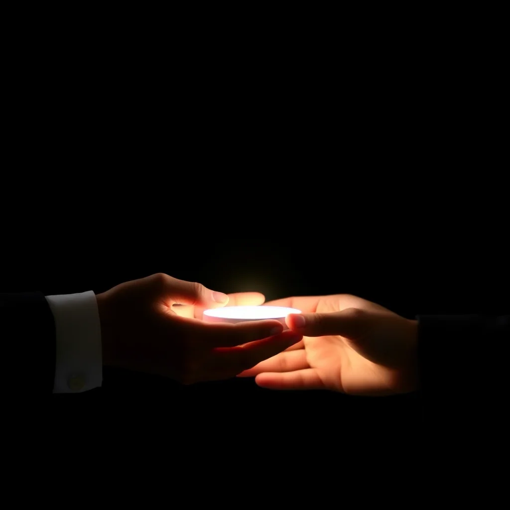 Two hands exchanging a glowing digital item