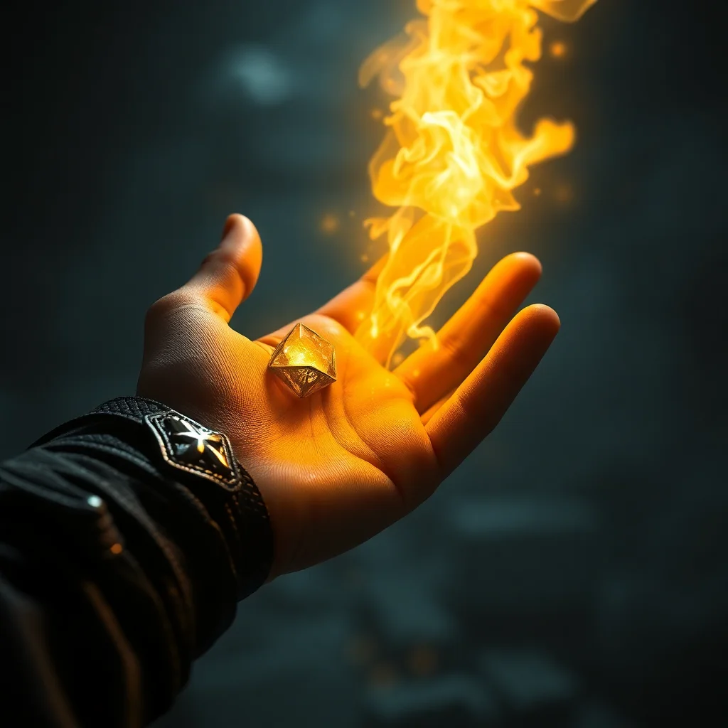 Gamer's hand with glowing artifacts